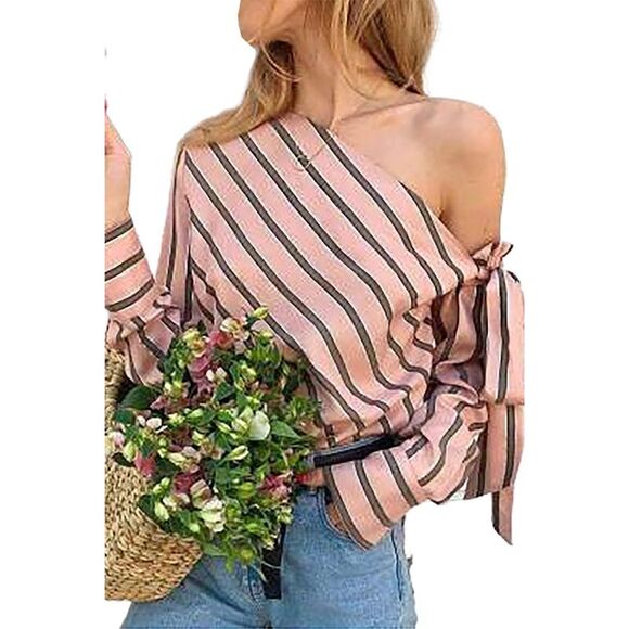 Azura Exchange  Pink Striped Asymmetric Tied Shoulder Blouse - Picture 4 of 8